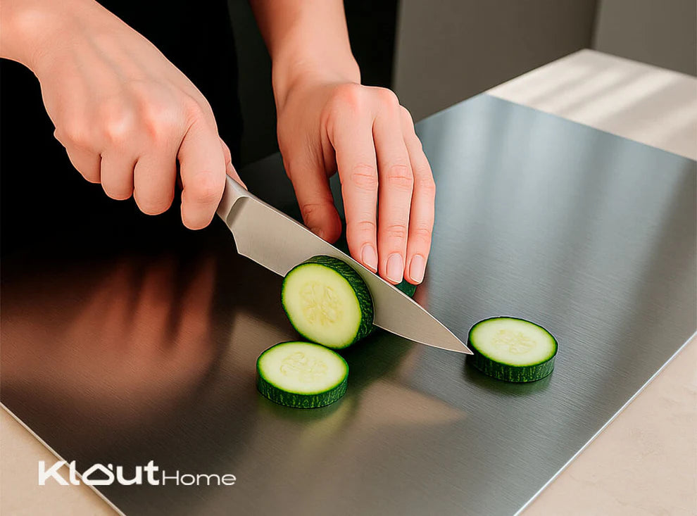 Tabla de Cortar de Acero Inoxidable 304 Klout® + Cuchillo Profesional - Envío Gratis